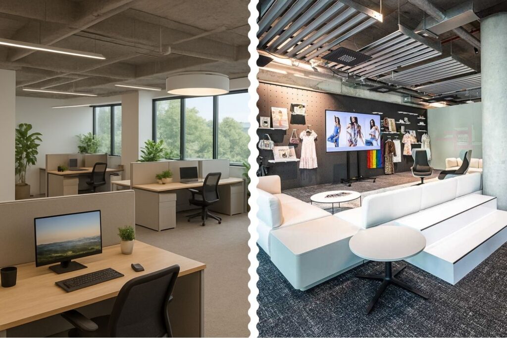 An image of two offices side by side. The 1st office is a 2005 office with partitions, and the second is a more modern 2025 office.