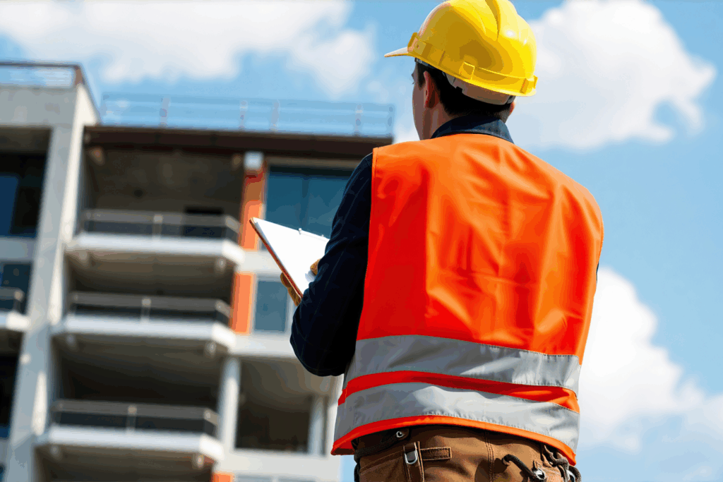 A man in an orange vest assessing the regulatory standards of a building